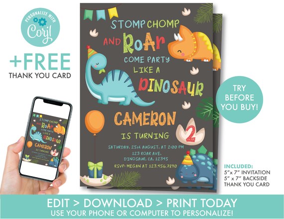 Dinosaur 2nd Birthday Invitation Boy's Dino Birthday Invite Dinosaur Invitation Dinosaur Party Decorations Dino Party Instant Download, D1 Il_570xn