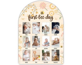 First Bee Day Photo Board, Bee First Year Photo Display 12 Months Milestone Sign Wood Board 1st Birthday Decoration