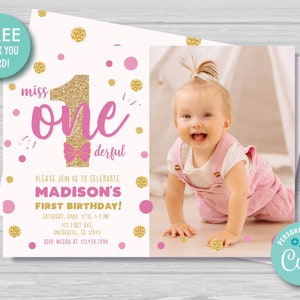 Miss Onederful Invitation with Photo Floral First Birthday Girls 1st Birthday Invitation Pink and Gold Editable Instant Download MO1 image 1