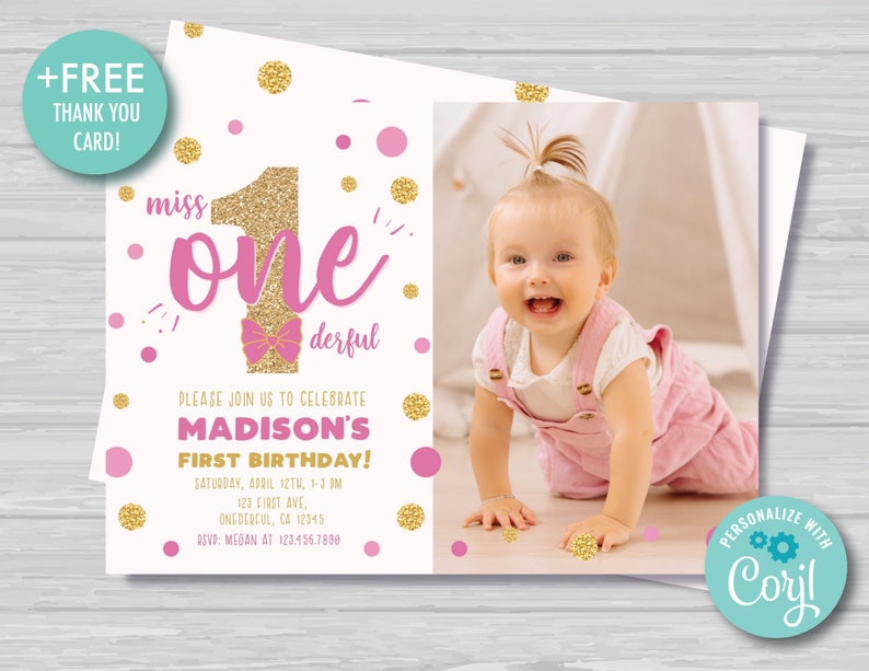 Miss Onederful Invitation with Photo Floral First Birthday Girls 1st Birthday Invitation Pink and Gold Editable Instant Download MO1 image 1