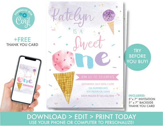 EDITABLE Ice Cream First Birthday Invitation, Sweet One Invitation, Ice Cream 1st birthday Invitation, Ice cream party, Instant Download,IC1 Il_570xn