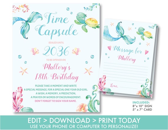 Mermaid time capsule sign and Note card Printable Under the Sea Time Capsule and Card, Under the Sea Party Decorations, Instant Download, U1 Il_570xn