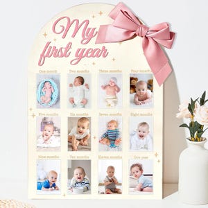3D Pink Bow Photo Board, Girl's Coquette First Year Photo Display 12 Months Milestone Sign Wood Board 1st Birthday Decoration