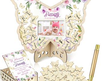 Butterfly Baby Shower Guest Book Alternatives Set, A Little Butterfly Is On The Way Decorations with Photo Frame, Wood Slices Guest Book