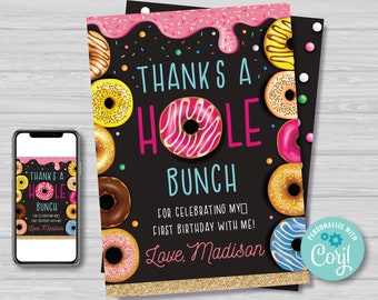 Donut Thank You Card Doughnut Birthday Thank You Card Girl's Donut Birthday Thank You Tags Donut Party Editable Instant Download DG1