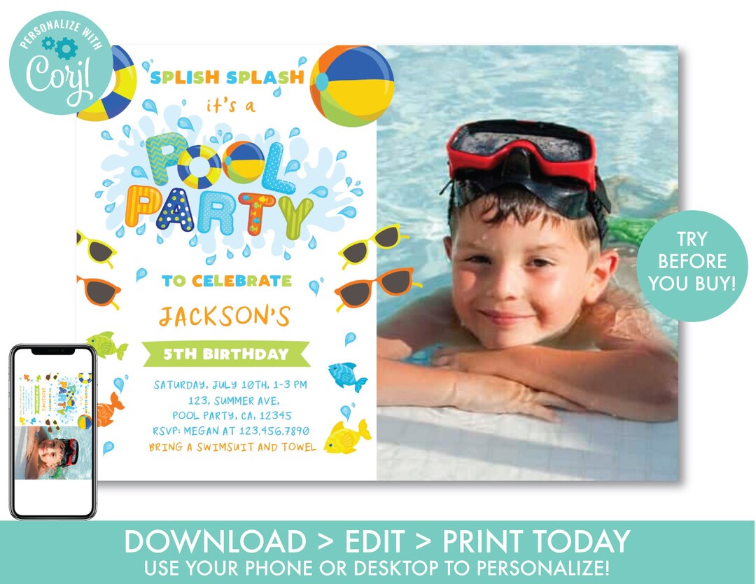 Pool Party Birthday Invitation With Photo, Boy's Swimming Pool Birthday