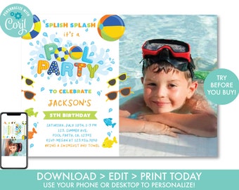 Pool Party Birthday Invitation With Photo, Boy's Swimming Pool Birthday Party Invitation, Pool Party invite, Editable Instant Download, PP1