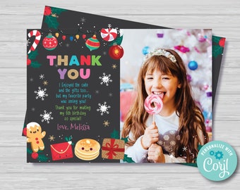 Christmas Birthday Thank You Card With Photo Christmas Pancakes and Pajamas Thank You Card Black and Red Thank You Card Instant Download PJ1