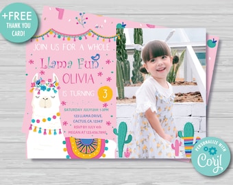 Llama Birthday Invitation with Photo Whole Llama Fun Birthday Invitation Llama Party Decorations Editable Pink Instant Download, L1