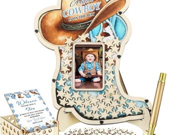 Cowboy Boot Baby Shower Guest Book Alternatives Set, Baby Shower Decorations with Photo Frame Wood Slices Guest Book Sonogram Frame Keepsake