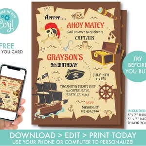 MODIFIABLE Pirate Invitation Pirate anniversaire Invitation garçons carte au trésor inviter Ahoy Matey Pirate Ship inviter modèle de téléchargement instantané, PR1
