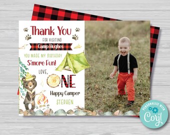 One Happy Camper Thank You Card With Photo Camping Thank You Card Bonfire Birthday Thank You Card Little Camper Party Instant Download HC1