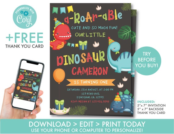 Dinosaur First Birthday Invitation Boy's Dinosaur Invitation Dinosaur Party Decorations Dino Party Instant Download, D1 Il_570xn