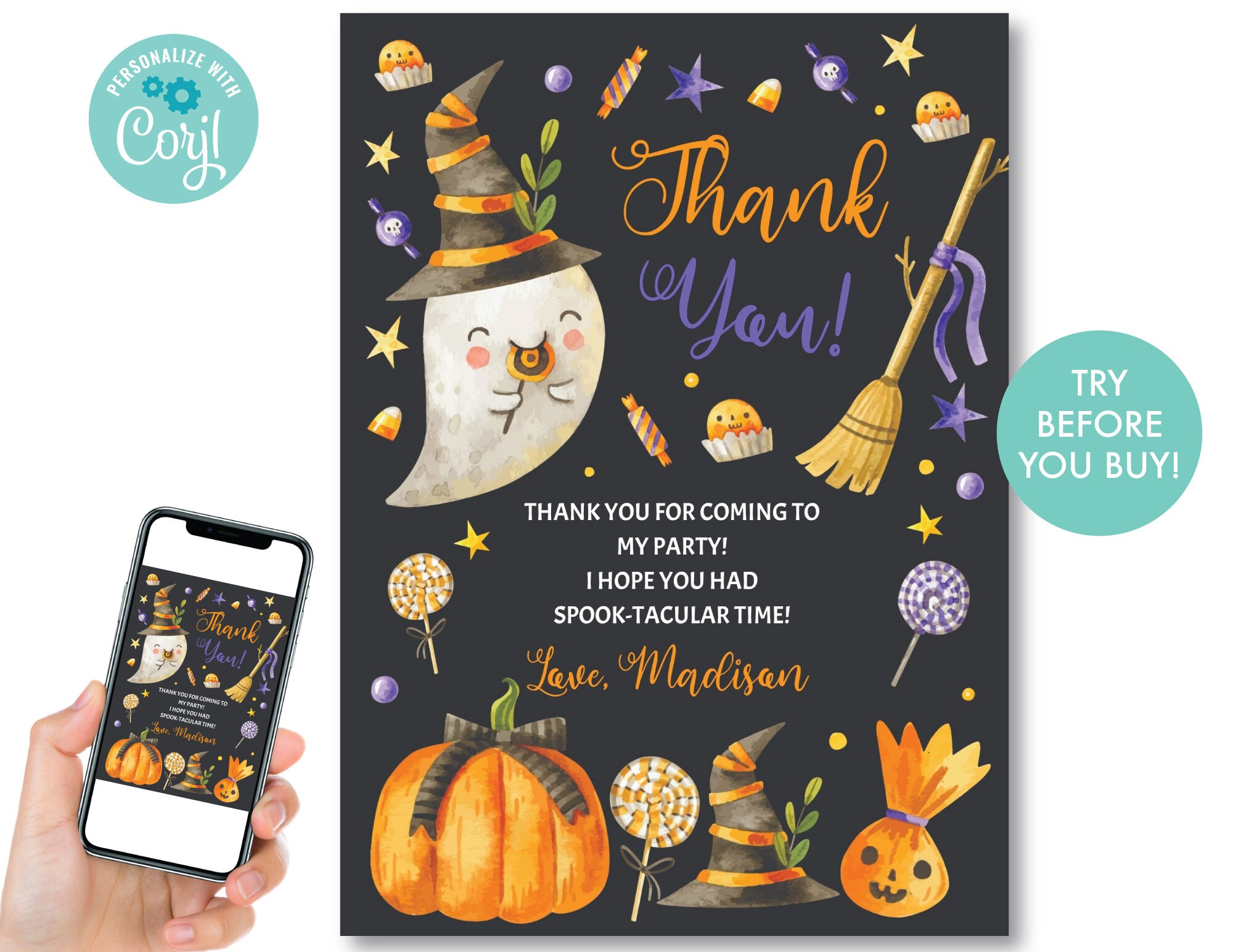 Halloween Thank You Card Printable Pumpkin Halloween Thank You Etsy