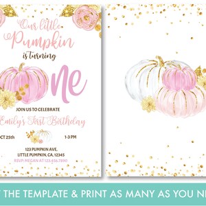 Editable Pumpkin 1st Birthday Invitation Printable Our Little Pumpkin First Birthday Invitation ...