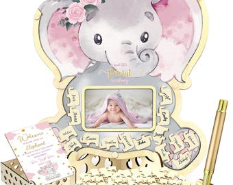 Pink Elephant Baby Shower Guest Book Alternatives Set, Girl's Baby Shower Decorations with Photo Frame, Wood Slices Guest Book
