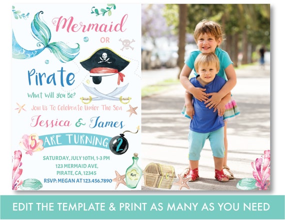 Mermaid Or Pirate Birthday Invitation With Photo Sibling Mermaid and Pirate Invite Sibling Girl Boy Birthday Invitation Instant Download, U1 Il_570xn