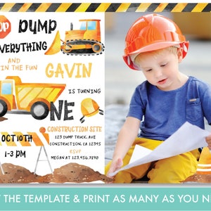 Construction First Birthday Invitation With Photo Construction 1st Birthday Invite Dump Truck Construction Party Instant Download, DT1 image 2