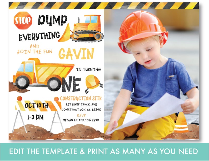 Construction First Birthday Invitation With Photo Construction 1st Birthday Invite Dump Truck Construction Party Instant Download, DT1 image 2