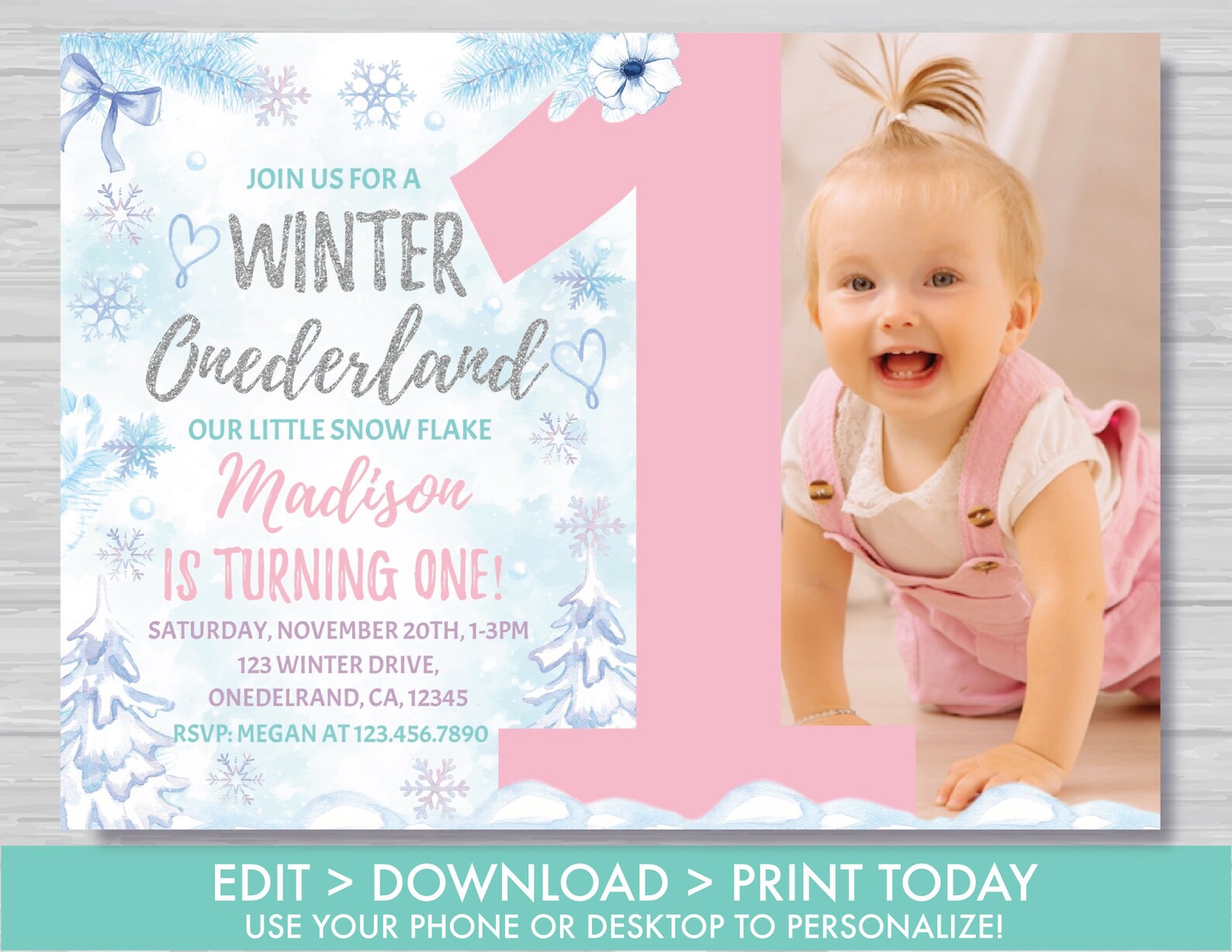 WINTER Onederland Invitation Pink &amp; Silver Winter Onederland | Etsy