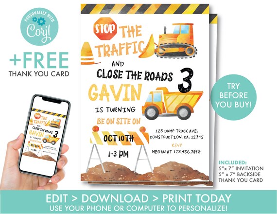 Construction Birthday Invitation Boy's Dump Truck Birthday Invitation Truck Birthday Workin Man Invite Editable Instant Download, DT1 Il_570xn