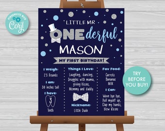 Editable Mr ONEderful Milestone Birthday Poster Navy Blue 1st Birthday Board Mr ONEderful Chalkboard sign Stats Poster Instant Download MR1