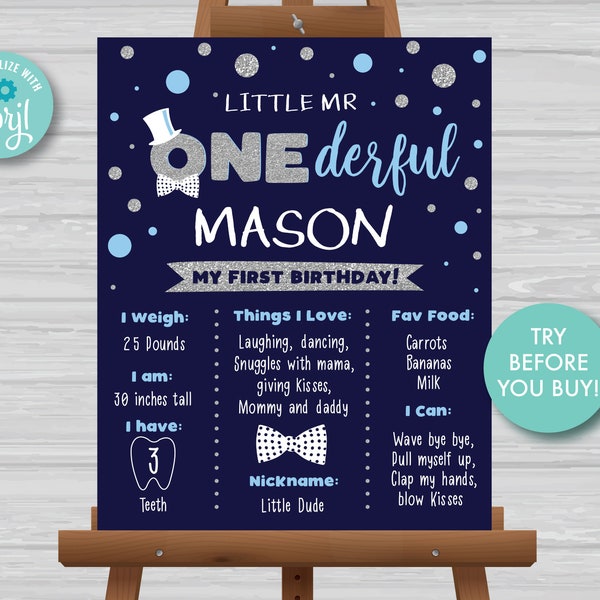 Editable Mr ONEderful Milestone Birthday Poster Navy Blue 1st Birthday Board Mr ONEderful Chalkboard sign Stats Poster Instant Download MR1