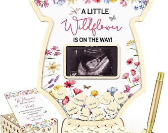 Wildflower Baby Shower Guest Book Alternatives Set, Baby Shower Decorations with Photo Frame, Wood Slices Guest Book Sonogram Frame Keepsake