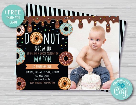 Donut Birthday Invitation with Photo Donut Grown Up Invitation Boy's Donut Party Donut 1st Birthday Invitation Editable Instant Download DG1 Il_570xn