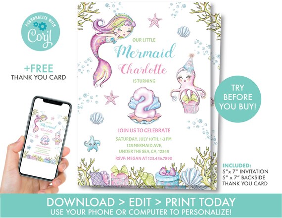 Mermaid Second Birthday Invitation, Under the Sea 2nd Birthday Invitation, Under the Sea Second Birthday, Instant Download, U2 Il_570xn