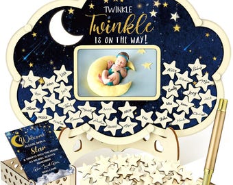 Moon and Star Baby Shower Guest Book Alternatives Set, Baby Shower Decorations with Photo Frame, Wood Slices Guest Book