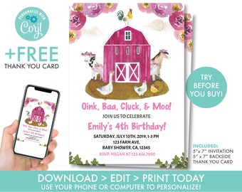 Farm Birthday Invitation Farm Animals Girl's Birthday Invitation Country barnyard Birthday Invitation Editable Instant Download, F1