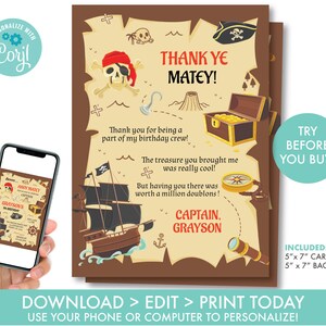 MODIFIABLE Pirate Merci carte garçons carte au trésor carte de remerciement Merci Ye Matey Pirate Ship Merci carte modèle de téléchargement instantané, PR1