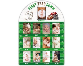 Football First Photo Board, First Year Down First Year Photo Display 12 Months Milestone Sign Wood Board 1st Birthday Decoration