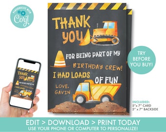 Construction Thank You Card Boy's Dump Truck Thank You Card Truck Birthday Construction Party Decorations Editable Instant Download, DT1