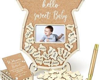 Bodysuit Baby Shower Guest Book Alternatives Set, Baby Shower Decorations with Photo Frame, Wood Slices Guest Book, Sonogram Frame Keepsake