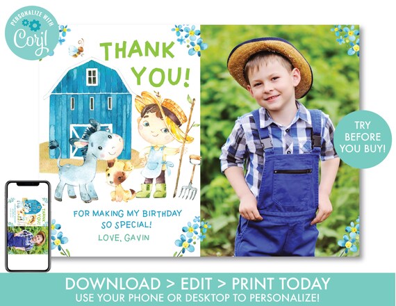 Farm Thank You Card With Photo Boy Country Barnyard Thank You Card Farm Animals Thank You Card Printable Editable Instant Download, F1 Il_570xn