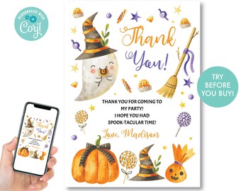 Carte de remerciement d'Halloween Carte de remerciement d'Halloween Fête costumée de fête d'anniversaire d'Halloween, carte de remerciement de citrouille, téléchargement immédiat, H1