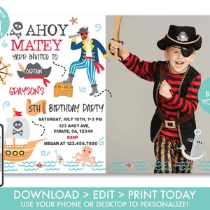 Pirate Invitation avec Photo, Pirate anniversaire Invitation garçons, carte au Trésor inviter, Ahoy Matey Pirate Ship inviter, téléchargement immédiat, PR1