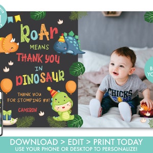 Dinosaurier Dankeskarte mit Foto Dinosaurier Dankeskarte Dino 1. Geburtstag Dankeskarte Dinosaurier Party, Instant Download, D1