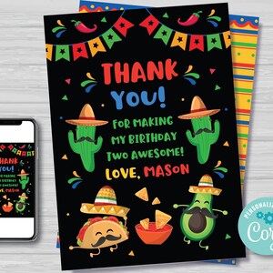 Taco TWOsday Bedankkaart Boy's 2e verjaardag Mexicaanse TWOsday Bedankbriefje Cinco de Mayo Verjaardag Fiesta Bewerkbare Instant Download TT1