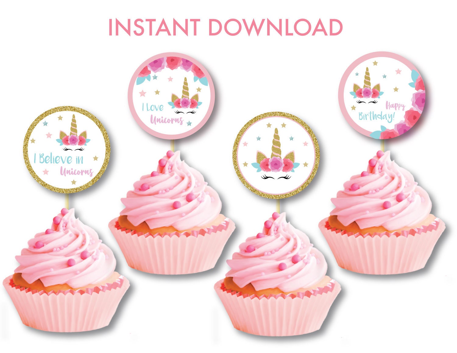 Unicorn Cupcake Toppers Printable Unicorn Decoration Unicorn - Etsy