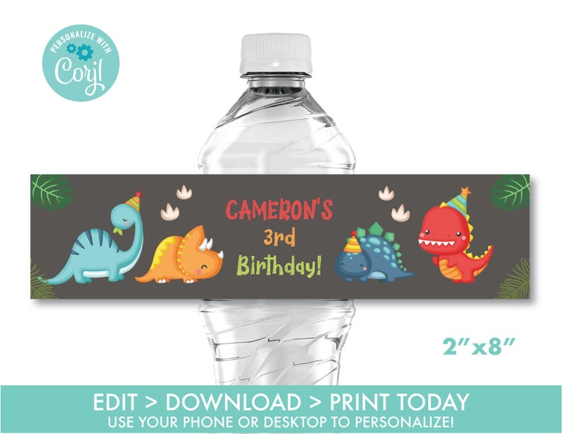 EDITABLE Dinosaur Water Bottle Label Printable Boy's - Etsy