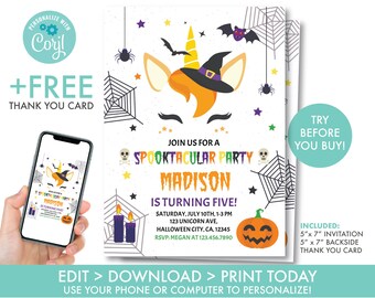 Unicorn Halloween Birthday Invitation Girls Halloween Unicorn Invitation Spooky Party Halloween Party Decorations, Instant Download, HU1