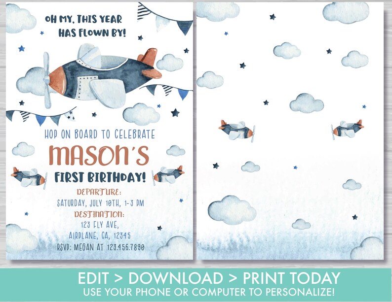 Airplane Birthday Invitation This Year Has Flown By Birthday Invitation Boys First Birthday Invitation Airplane Party Instant Download AP1 image 2