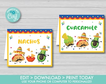 Taco TWOsday Food Label Mexican Fiesta Food Tents Cinco de Mayo Editable Food Cards Fiesta Food Tags Mexican Birthday Instant Download TT1