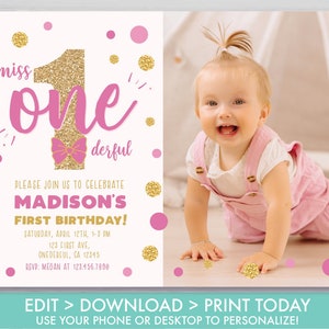 Miss Onederful Invitation with Photo Floral First Birthday Girls 1st Birthday Invitation Pink and Gold Editable Instant Download MO1 image 2