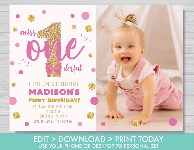 Miss Onederful Invitation with Photo Floral First Birthday Girls 1st Birthday Invitation Pink and Gold Editable Instant Download MO1 image 2