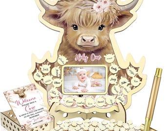 Highland Cow Baby Shower Guest Book Alternatives Set, Baby Shower Decorations with Photo Frame, Wood Slices Guest Book