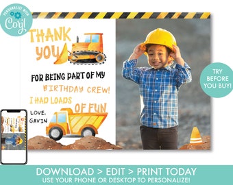 EDITABLE Construction Dump Truck Thank You Card Boy's Truck Birthday Construction Party Decorations Printable Instant Download, DT1
